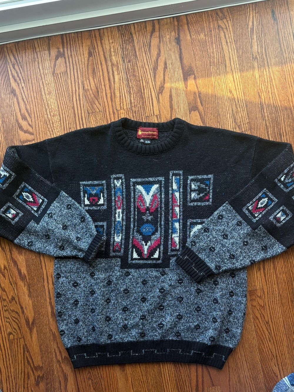 Men's Patterned Black & Gray Crewneck Sweater with Color Accents